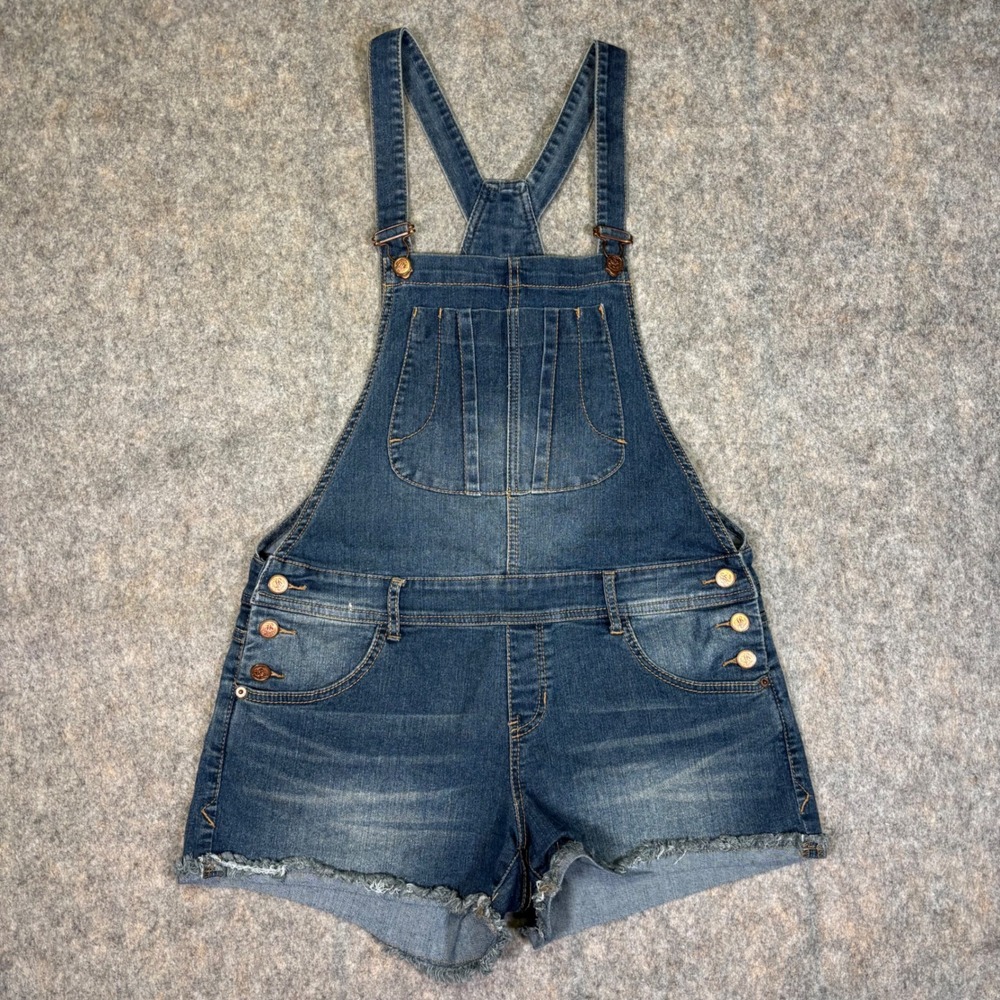 American Rag Denim Overall Jean Shorts Sz 5 Medium Wash‎ Raw Hem Bib Shortalls